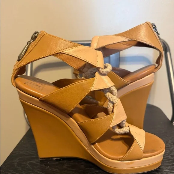 DVF Diane von Furstenberg Camel Leather Rope Wedge Sandals 7M - Picture 8 of 14